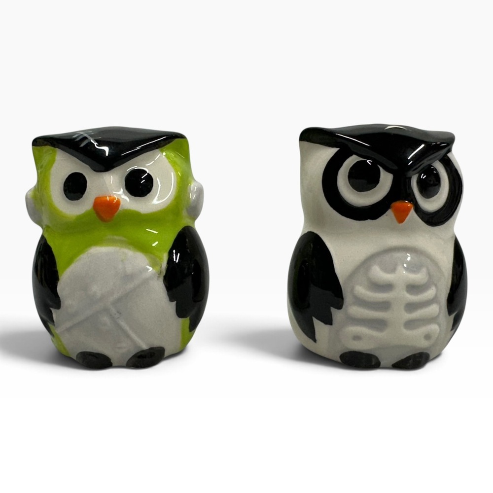 Halloween Owl Salt and Pepper Shakers Ceramic Zombie Skeleton Set Green White